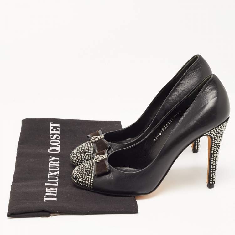 Pre Owned Gina Black Leather Embellished Pumps Size 39.5