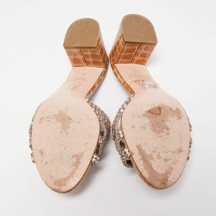 Pre Owned Gina Olive Green Croc Embossed Leather Crystal Embellished Loren Slide Sandals Size 38.5