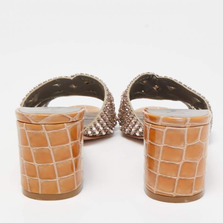 Pre Owned Gina Olive Green Croc Embossed Leather Crystal Embellished Loren Slide Sandals Size 38.5