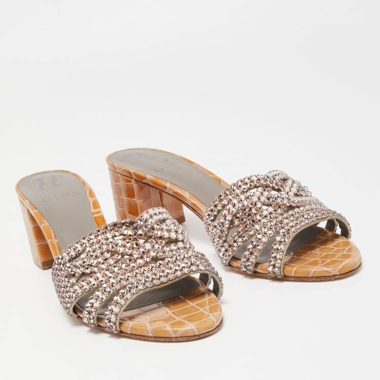 Pre Owned Gina Olive Green Croc Embossed Leather Crystal Embellished Loren Slide Sandals Size 38.5