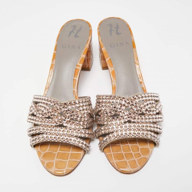 Pre Owned Gina Olive Green Croc Embossed Leather Crystal Embellished Loren Slide Sandals Size 38.5