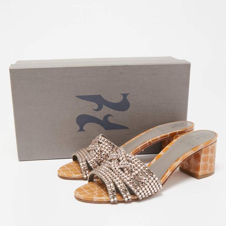 Pre Owned Gina Olive Green Croc Embossed Leather Crystal Embellished Loren Slide Sandals Size 38.5