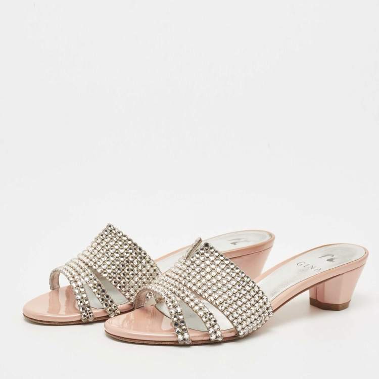 مملوكة مسبقًا Gina Silver Leather Crystal Embellished Slides Size 37.5