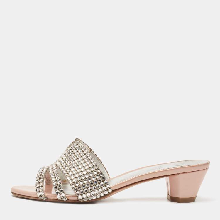 مملوكة مسبقًا Gina Silver Leather Crystal Embellished Slides Size 37.5