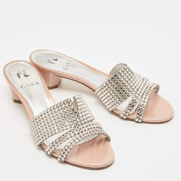مملوكة مسبقًا Gina Silver Leather Crystal Embellished Slides Size 37.5