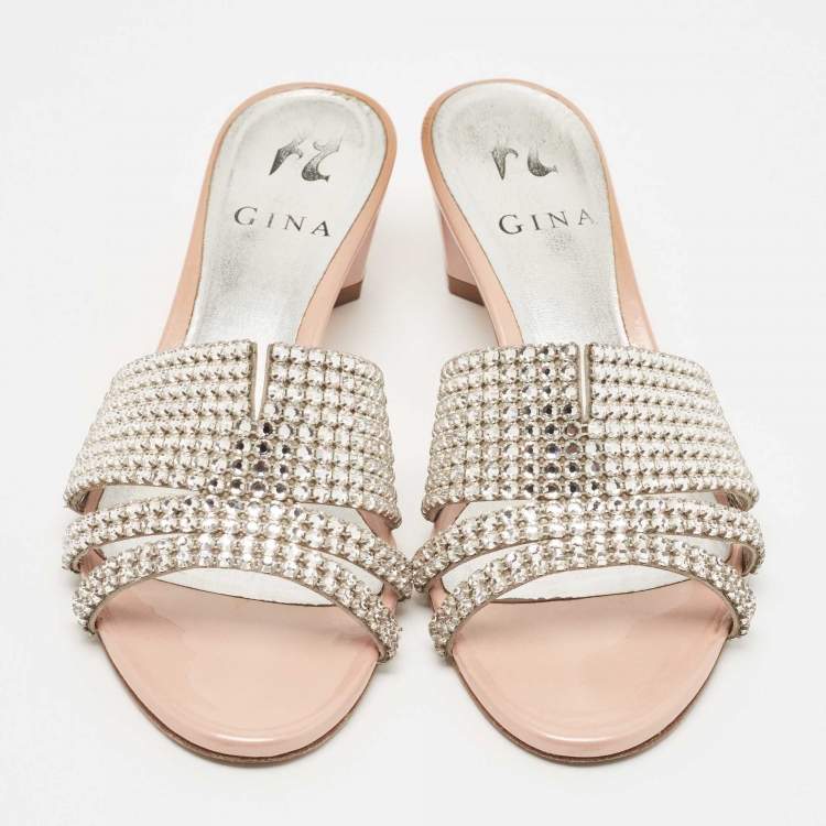 مملوكة مسبقًا Gina Silver Leather Crystal Embellished Slides Size 37.5