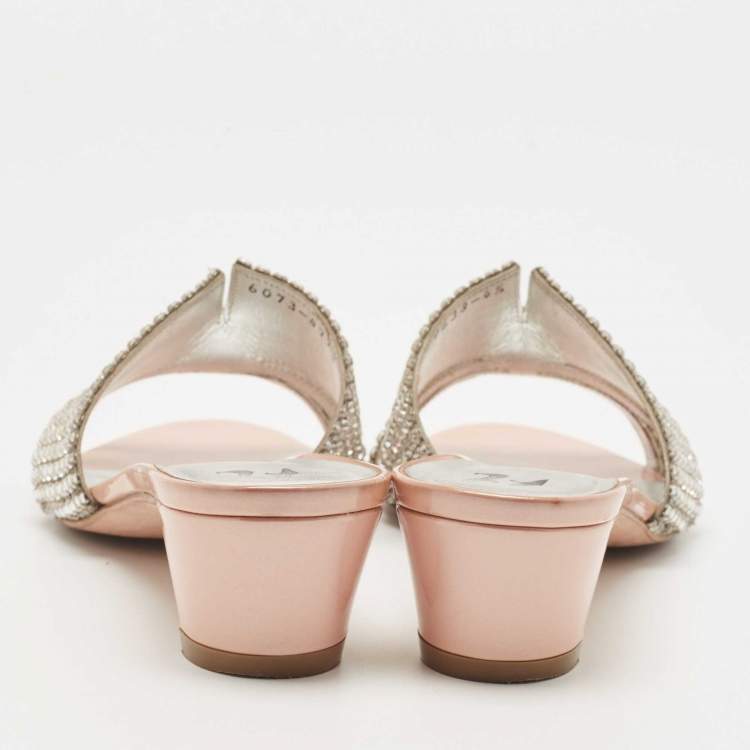 مملوكة مسبقًا Gina Silver Leather Crystal Embellished Slides Size 37.5