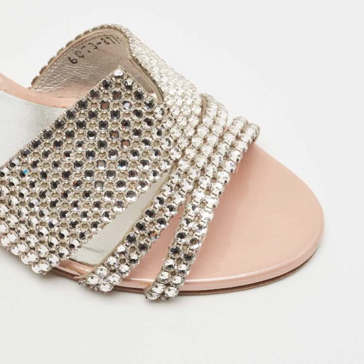 مملوكة مسبقًا Gina Silver Leather Crystal Embellished Slides Size 37.5
