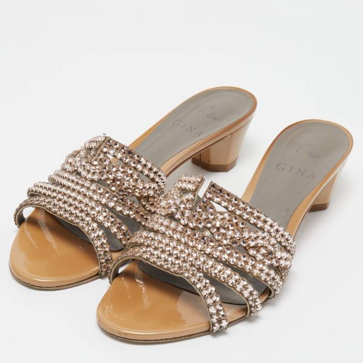 Pre Owned Gina Brown Leather and Crystal Embellished Slides Size 37.5