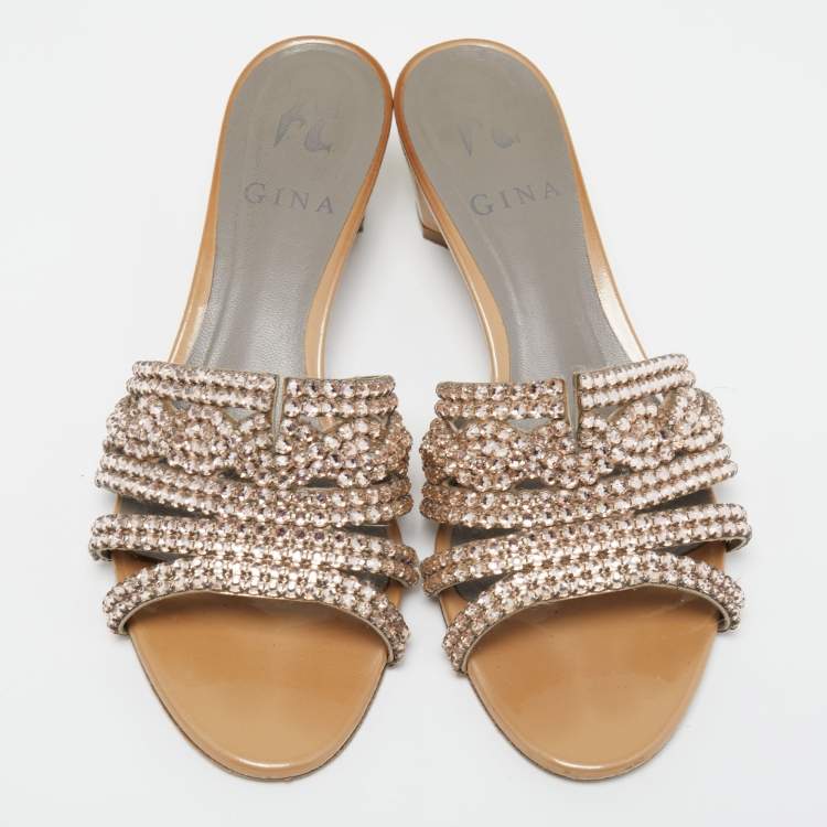 Pre Owned Gina Brown Leather and Crystal Embellished Slides Size 37.5