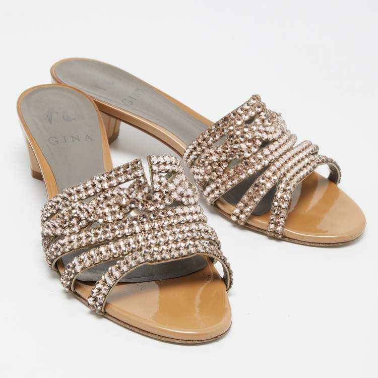 Pre Owned Gina Brown Leather and Crystal Embellished Slides Size 37.5
