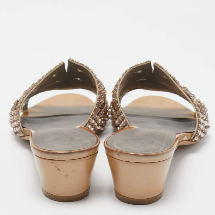 Pre Owned Gina Brown Leather and Crystal Embellished Slides Size 37.5