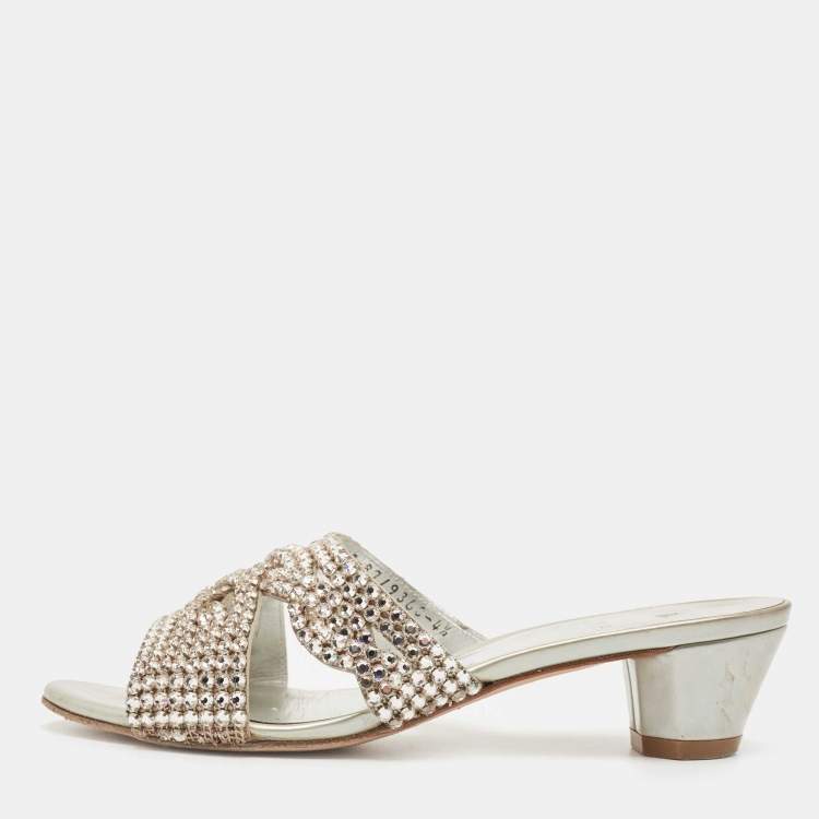 Pre Owned Gina Silver Leather and Crystal Embellished Slide Size 37.5