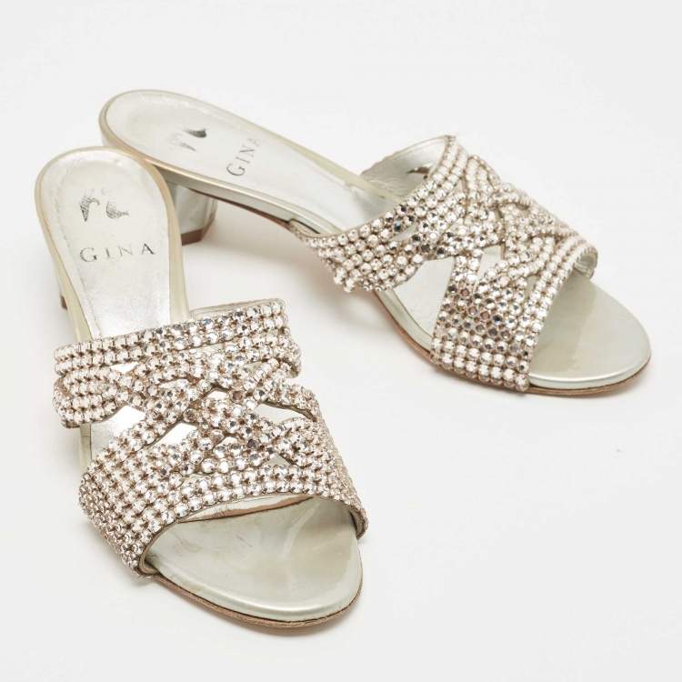 Pre Owned Gina Silver Leather and Crystal Embellished Slide Size 37.5