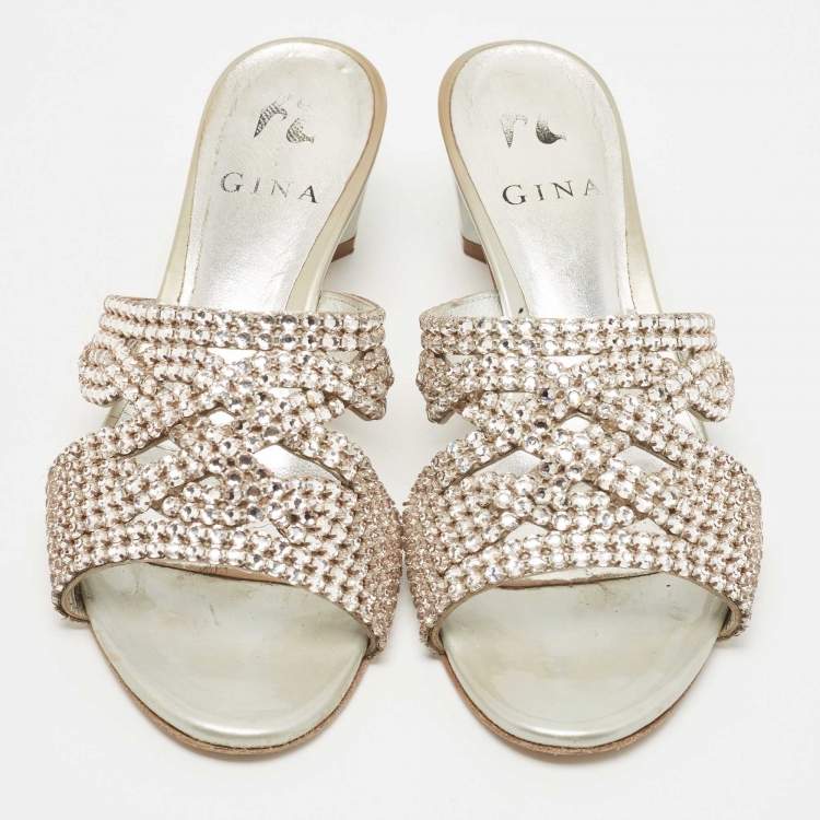 Pre Owned Gina Silver Leather and Crystal Embellished Slide Size 37.5