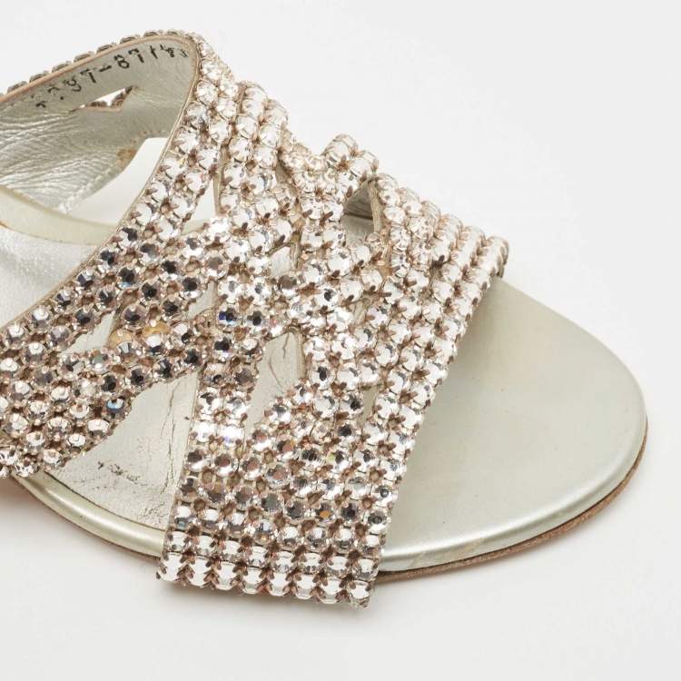 Pre Owned Gina Silver Leather and Crystal Embellished Slide Size 37.5