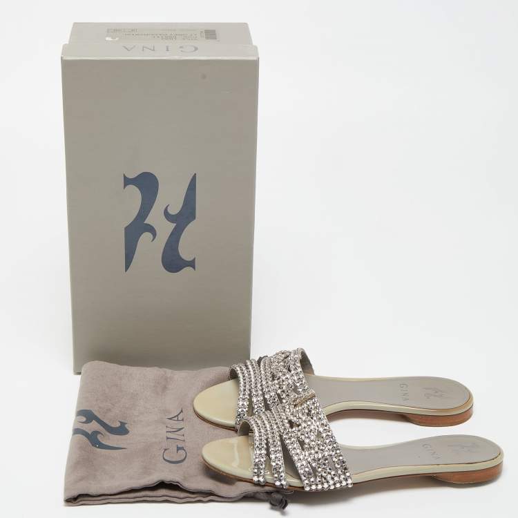 Pre Owned Gina Pale Grey Leather Crystal Embellished Thong Flat Slides Size 38