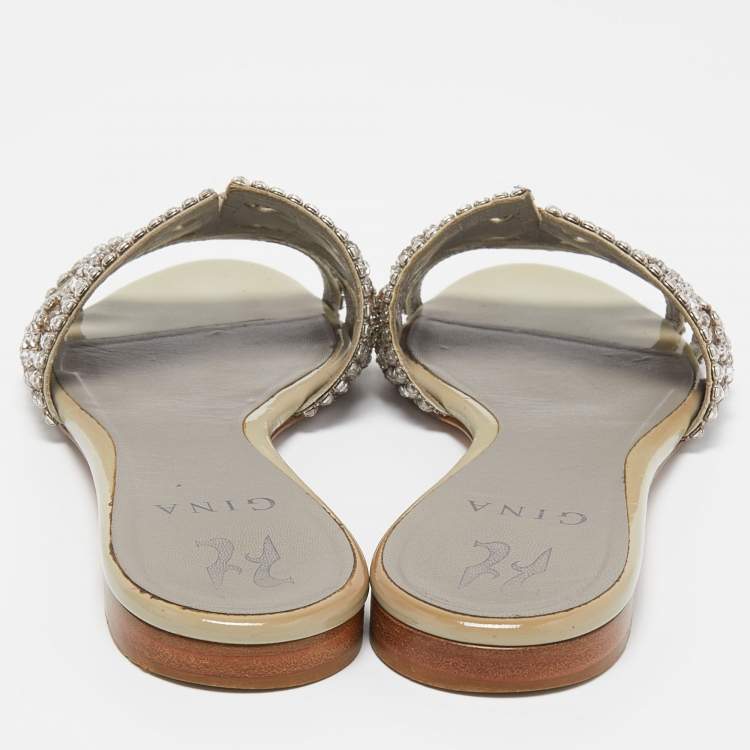 Pre Owned Gina Pale Grey Leather Crystal Embellished Thong Flat Slides Size 38