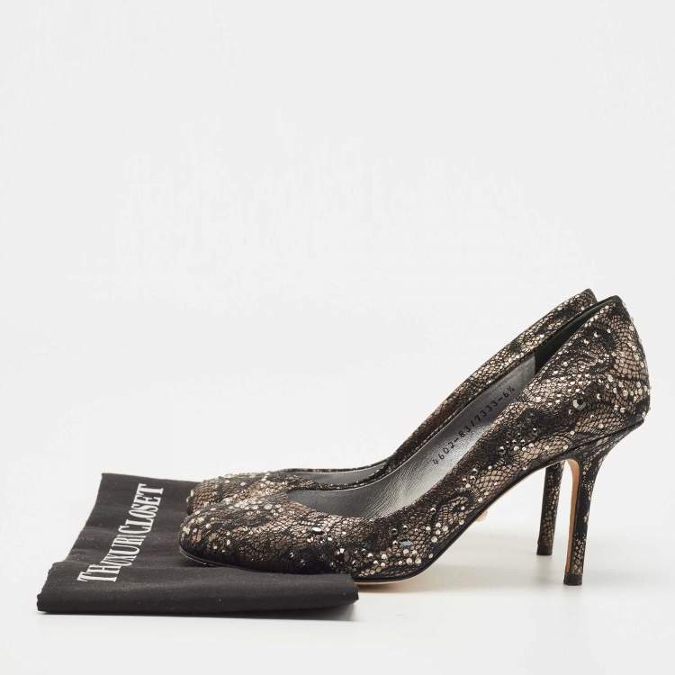 Pre Owned Gina Black/Gold Leather And Lace Crystal Embellished Round Toe Pumps Size 39.5