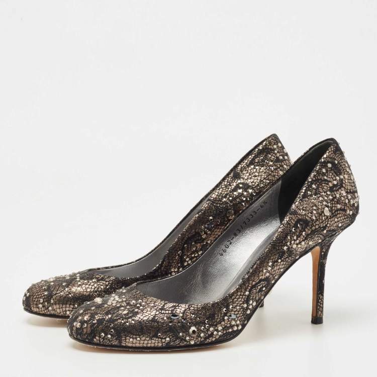 Pre Owned Gina Black/Gold Leather And Lace Crystal Embellished Round Toe Pumps Size 39.5