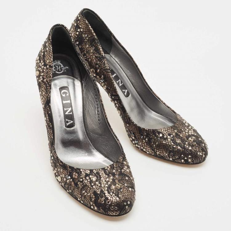 Pre Owned Gina Black/Gold Leather And Lace Crystal Embellished Round Toe Pumps Size 39.5