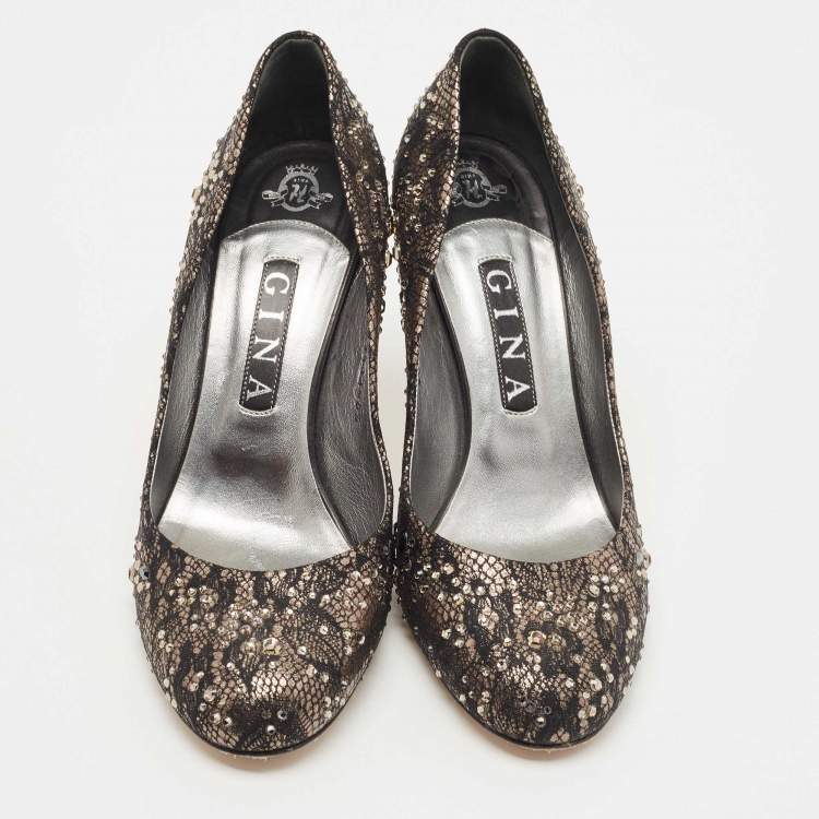 Pre Owned Gina Black/Gold Leather And Lace Crystal Embellished Round Toe Pumps Size 39.5