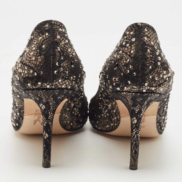 Pre Owned Gina Black/Gold Leather And Lace Crystal Embellished Round Toe Pumps Size 39.5