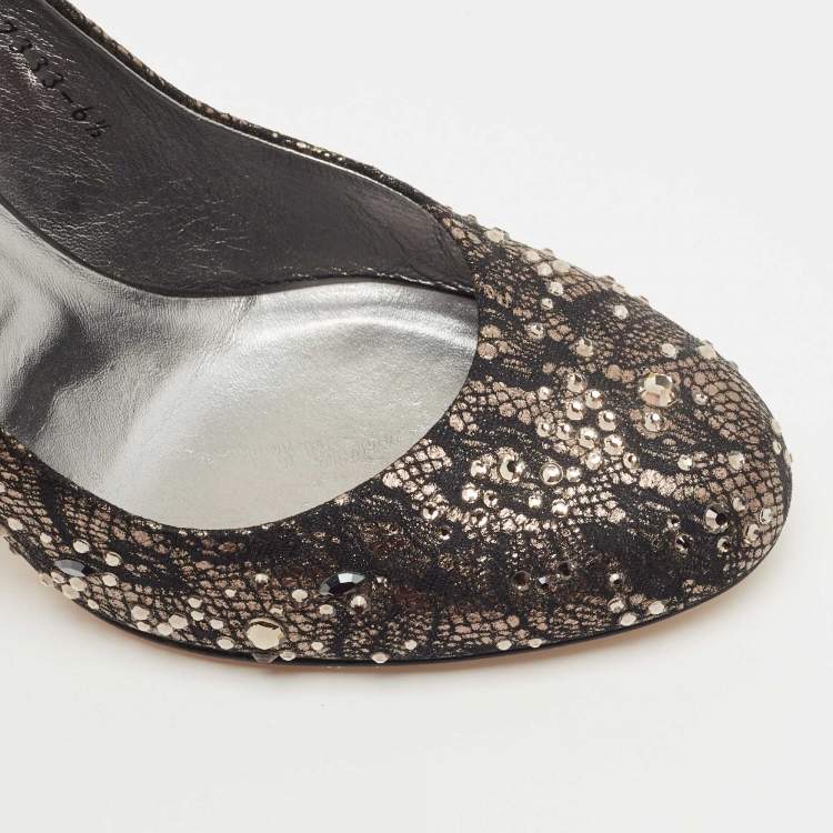 Pre Owned Gina Black/Gold Leather And Lace Crystal Embellished Round Toe Pumps Size 39.5