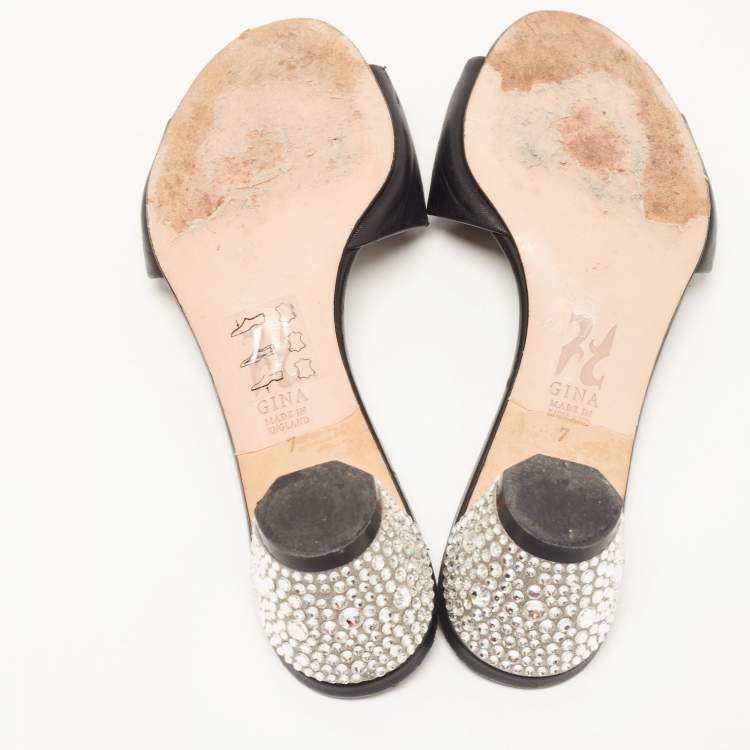 Pre Owned Gina Black Leather Crystal Embellished Heel Slides Size 40