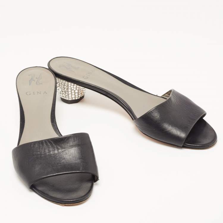 Pre Owned Gina Black Leather Crystal Embellished Heel Slides Size 40