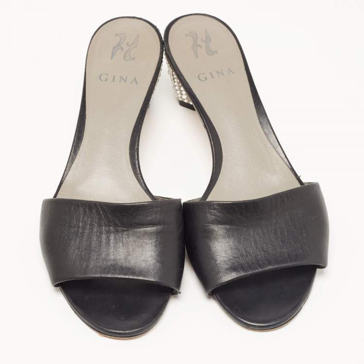 Pre Owned Gina Black Leather Crystal Embellished Heel Slides Size 40