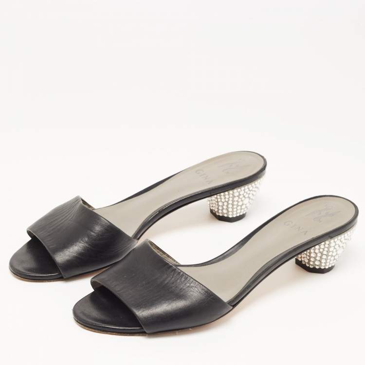 Pre Owned Gina Black Leather Crystal Embellished Heel Slides Size 40