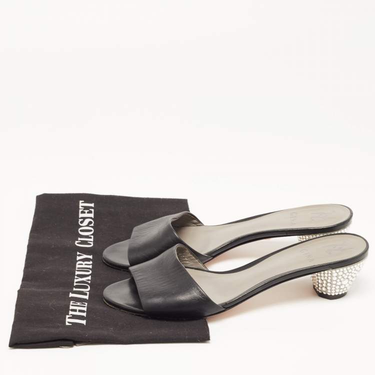Pre Owned Gina Black Leather Crystal Embellished Heel Slides Size 40