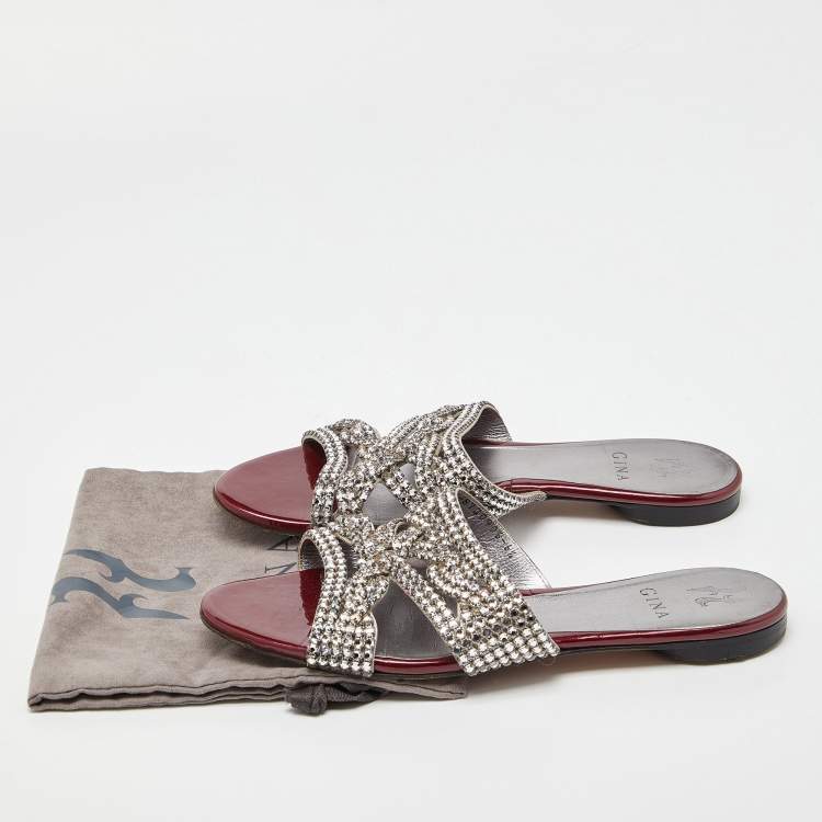 Pre Owned Gina Red Crystal Embellished Leather Flat Slides Size 39.5