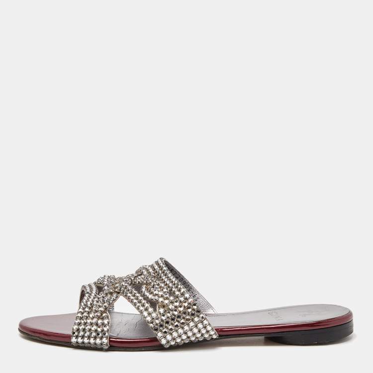 Pre Owned Gina Red Crystal Embellished Leather Flat Slides Size 39.5