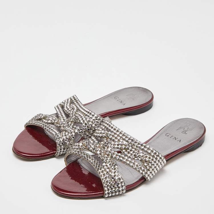 Pre Owned Gina Red Crystal Embellished Leather Flat Slides Size 39.5