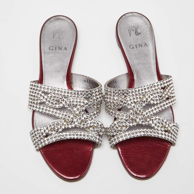 Pre Owned Gina Red Crystal Embellished Leather Flat Slides Size 39.5