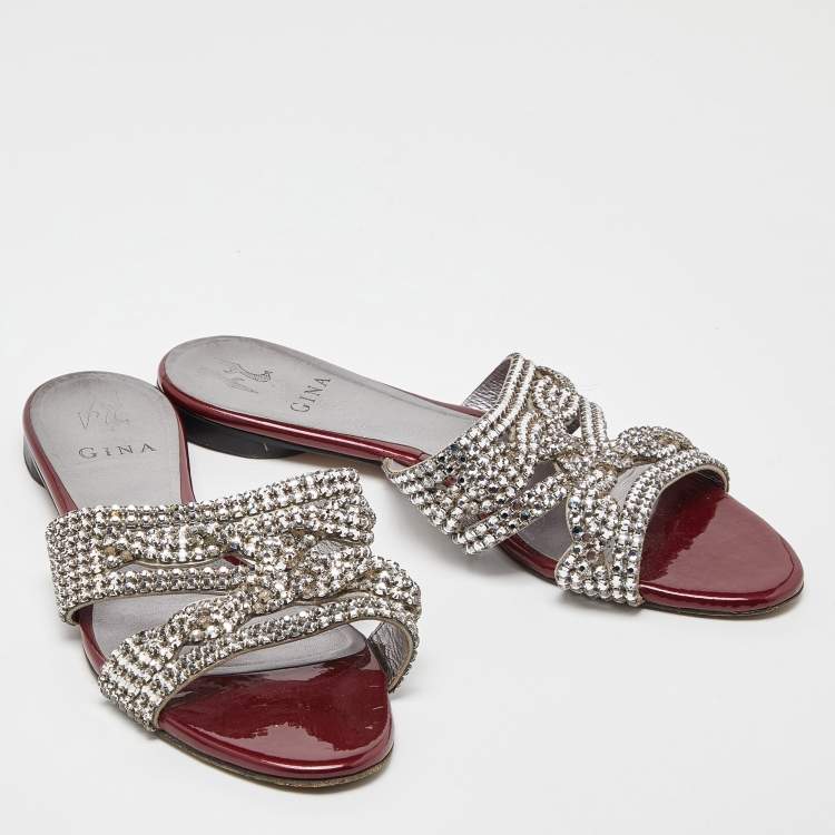 Pre Owned Gina Red Crystal Embellished Leather Flat Slides Size 39.5