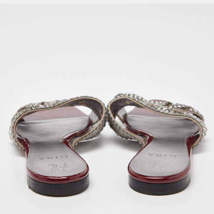 Pre Owned Gina Red Crystal Embellished Leather Flat Slides Size 39.5