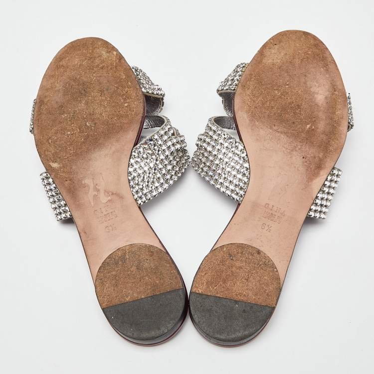 Pre Owned Gina Red Crystal Embellished Leather Flat Slides Size 39.5