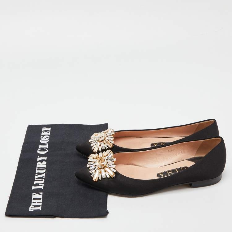 Pre Owned Gina Black Crystal Embellished Satin Ballet Flats Size 37.5