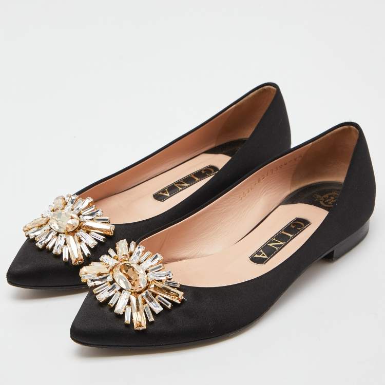 Pre Owned Gina Black Crystal Embellished Satin Ballet Flats Size 37.5