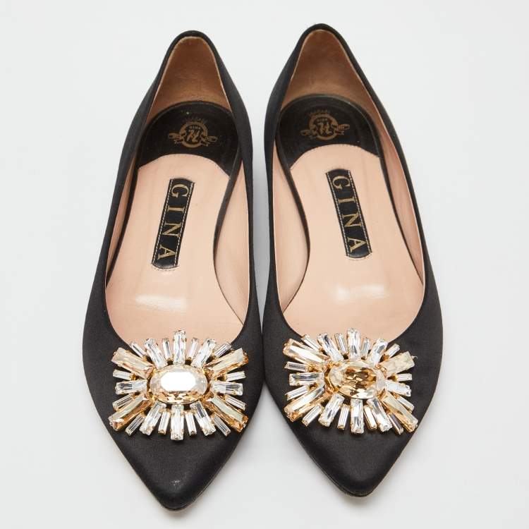 Pre Owned Gina Black Crystal Embellished Satin Ballet Flats Size 37.5