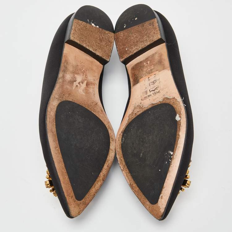 Pre Owned Gina Black Crystal Embellished Satin Ballet Flats Size 37.5