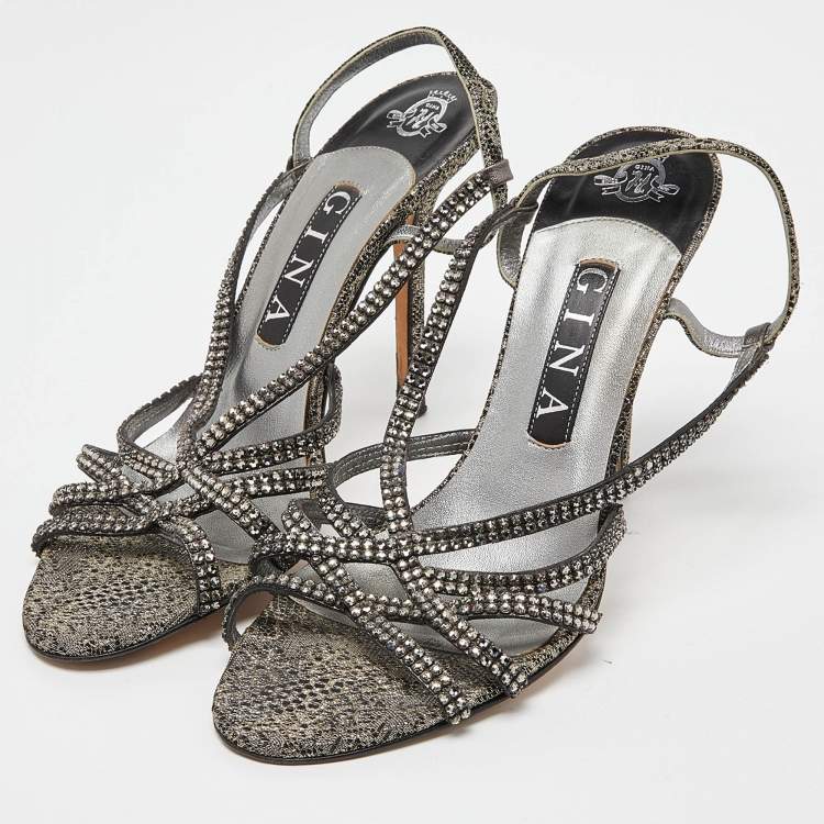 Pre Owned Gina Two Tone Crystal Embellished Embroidered Fabric Slingback Sandals Size 38.5
