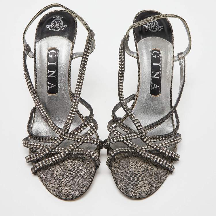 Pre Owned Gina Two Tone Crystal Embellished Embroidered Fabric Slingback Sandals Size 38.5