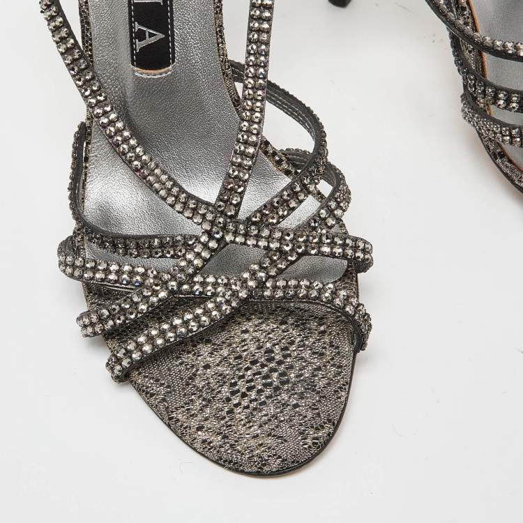 Pre Owned Gina Two Tone Crystal Embellished Embroidered Fabric Slingback Sandals Size 38.5