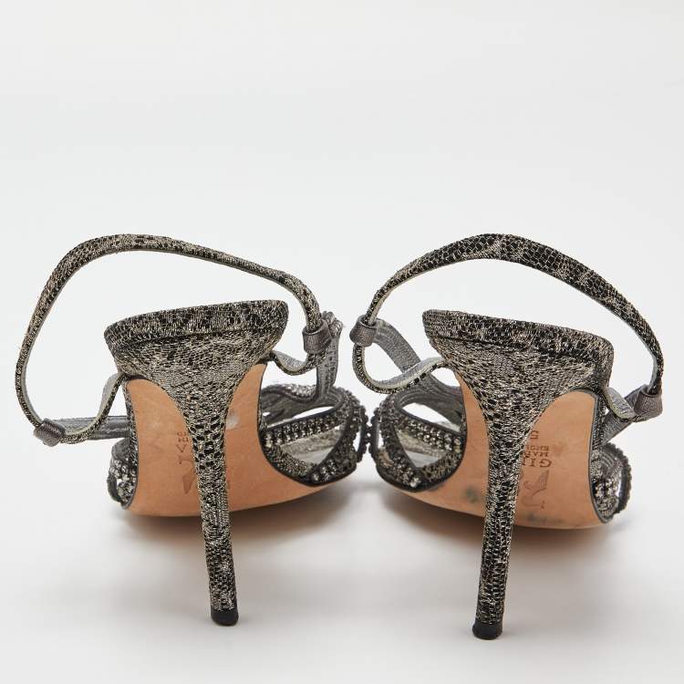 Pre Owned Gina Two Tone Crystal Embellished Embroidered Fabric Slingback Sandals Size 38.5