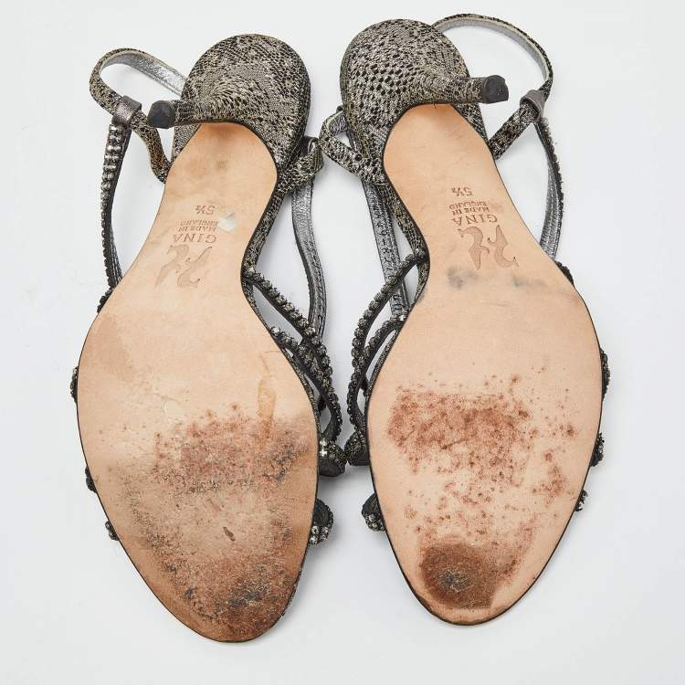 Pre Owned Gina Two Tone Crystal Embellished Embroidered Fabric Slingback Sandals Size 38.5