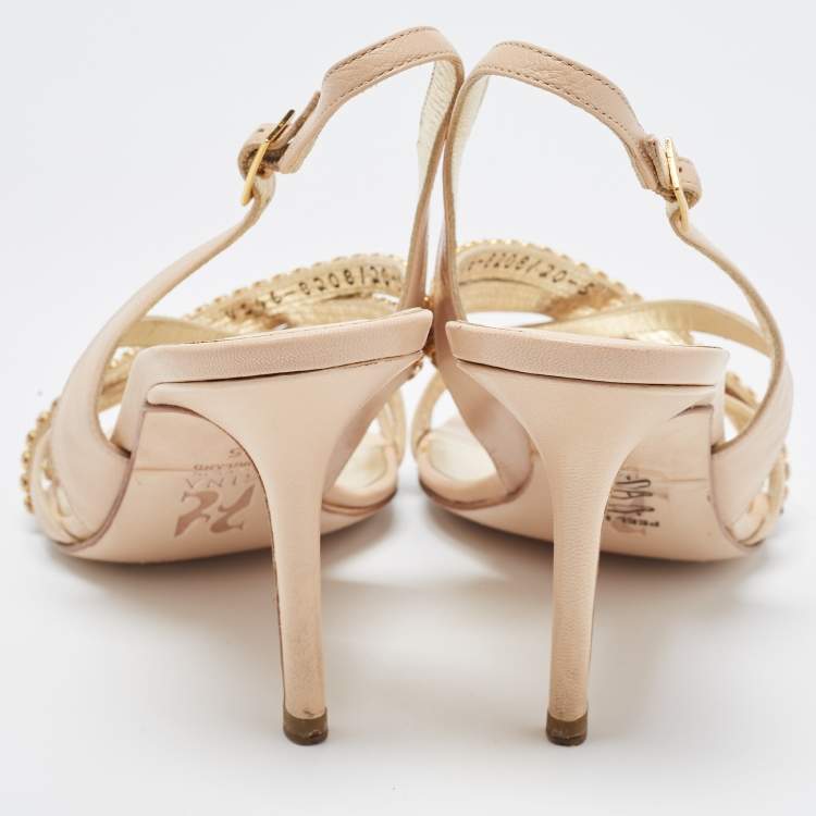 Pre Owned Gina Beige Leather Embellished Slingback Sandals Size 38